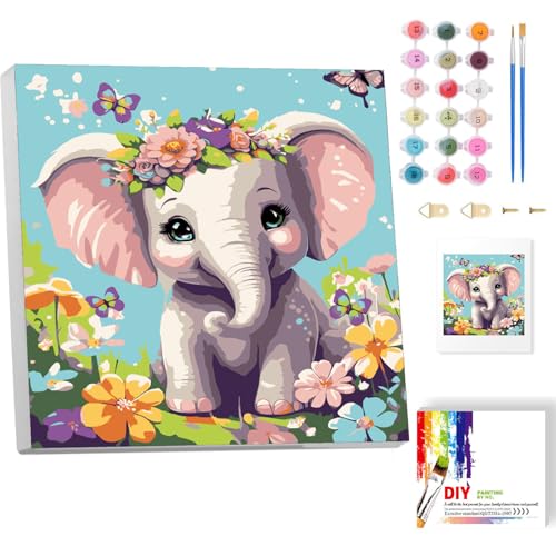 luckyarina Malen Nach Zahlen Kinder Elefant mit Rahmen, Elefant Paint by Numbers für Kind, Tiere Ölgemälde Kinder ab 5 6 7 8 9 Jahre, für Hause Dekoration Verwendet Werden 20x20cm von luckyarina