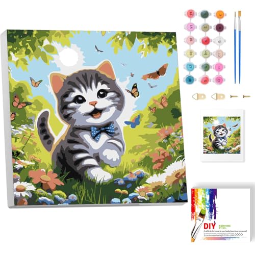 luckyarina Malen Nach Zahlen Kinder Katze mit Rahmen, Katze Paint by Numbers für Kind, Tiere Ölgemälde Kinder ab 5 6 7 8 9 Jahre, für Hause Dekoration Verwendet Werden 20x20cm von luckyarina