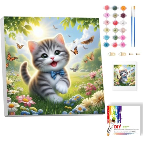 luckyarina Malen Nach Zahlen Kinder Katze mit Rahmen, Katze Paint by Numbers für Kind, Tiere Ölgemälde Kinder ab 5 6 7 8 9 Jahre, für Hause Dekoration Verwendet Werden 20x20cm von luckyarina