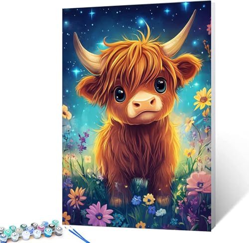 luckyarina Malen Nach Zahlen Kinder Mit Rahmen-Kuh Malen Nach Zahlen Kinder Leinwand Ölgemälde,Tiere Paint by Numbers Mit Geschenkbox DIY ab 5 6 7 8 9 Jahre Mädchen Bastelset Geschenk 20x30cm von luckyarina