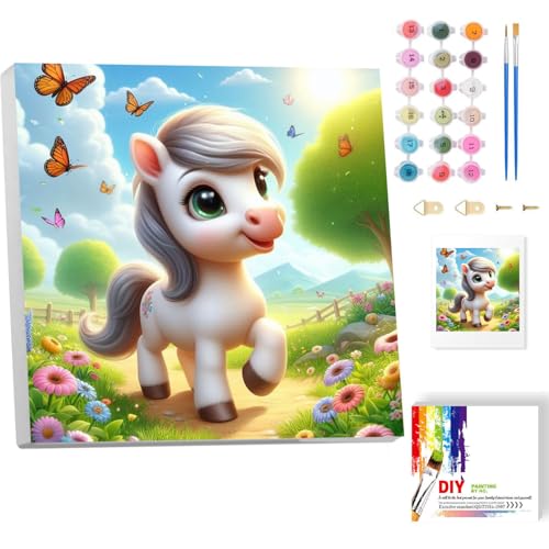 luckyarina Malen Nach Zahlen Kinder Pferde mit Rahmen, Pferd Paint by Numbers für Kind, Tiere Ölgemälde Kinder ab 5 6 7 8 9 Jahre, für Geschenke und Home Haus Deko 20x20cm von luckyarina