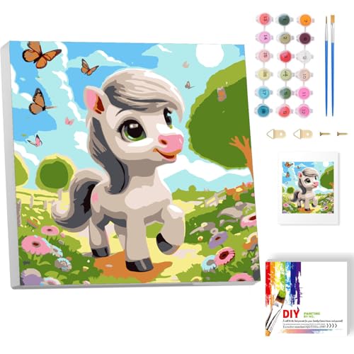 luckyarina Malen Nach Zahlen Kinder Pferde mit Rahmen, Pferd Paint by Numbers für Kind, Tiere Ölgemälde Kinder ab 5 6 7 8 9 Jahre, für Geschenke und Home Haus Deko 20x20cm von luckyarina