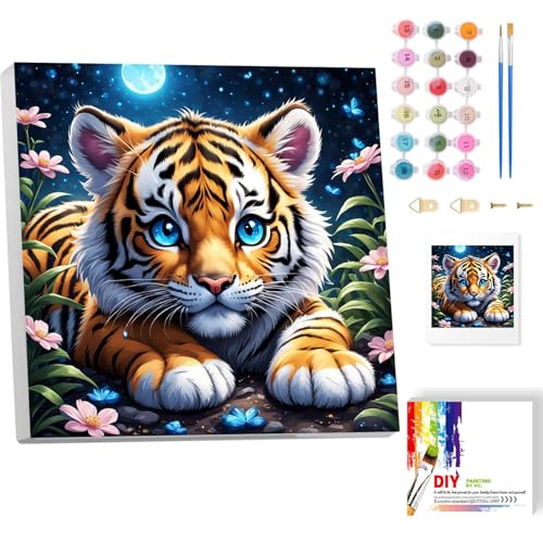 luckyarina Malen Nach Zahlen Kinder Tiger mit Rahmen, Tiger Paint by Numbers für Kind, Tiere Ölgemälde Kinder ab 5 6 7 8 9 Jahre, für Hause Dekoration Verwendet Werden 20x20cm von luckyarina