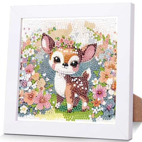 luckyarina Reh Diamond Painting Kinder mit Rahmen- Niedlich Diamant Painting Bilder kinder, Tiere Mosaik Bastelset Kinder Tiere für 8 9 10 11 Jahre 18X18CM von luckyarina