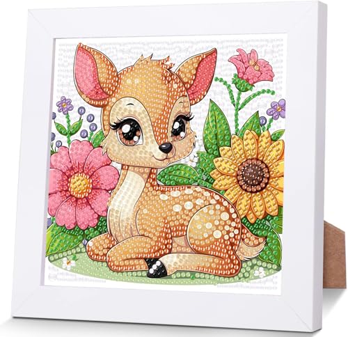 luckyarina Reh Diamond Painting Kinder mit Rahmen- Tiere Diamant Painting Bilder kinder, Blumen Diamant Malerei Kinder für 8 9 10 11 Jahre 18X18CM von luckyarina