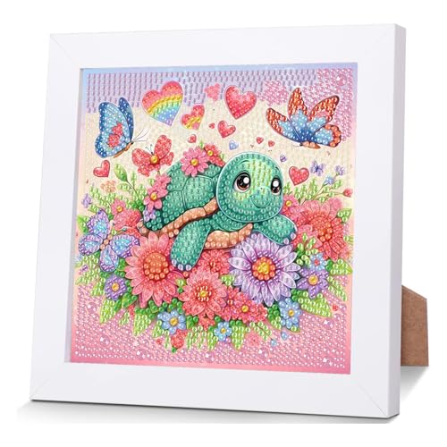 luckyarina Schildkröte Diamond Painting Kinder mit Rahmen- Tiere Diamant Painting bilder kinder, Schildkröte Mosaik Bastelset Kinder für Kinder 8 9 10 11 Jahre 18X18CM von luckyarina