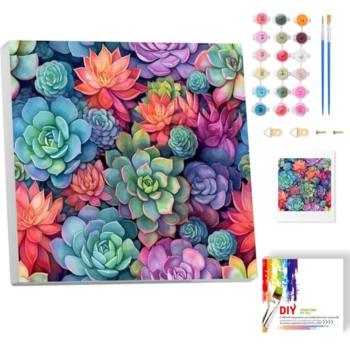 luckyarina Succulent Malen Nach Zahlen Erwachsene mit Rahmen- Succulent Paint by Numbers Adult, Blumen Ölgemälde für Schlafzimmer Wohnzimmer Deko 20x20CM von luckyarina