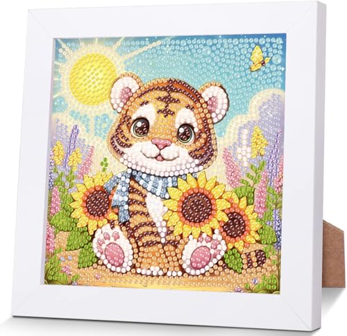 luckyarina Tiger Diamond Painting Kinder mit Rahmen-Tiger Diamant Painting Bilder Kinder,Mosaik Bastelset Kinder für Kinder 8 9 10 11 Jahre,für Haus Dekoration 18X18 CM von luckyarina