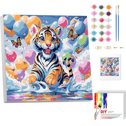 luckyarina Tiger Malen nach Zahlen Kinder mit Rahmen- Tiere Paint by Numbers für Kind, Cute Ölgemälde Kinder ab 5 6 7 8 9 Jahre als Geschenk für Home Wand Décor 20x20cm von luckyarina