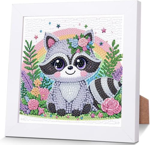 luckyarina Waschbär Diamond Painting Kinder mit Rahmen- Tiere Diamant Painting Bilder kinder, Mosaik Bastelset Kinder als Geschenk für Home Wand Décor 18X18CM von luckyarina