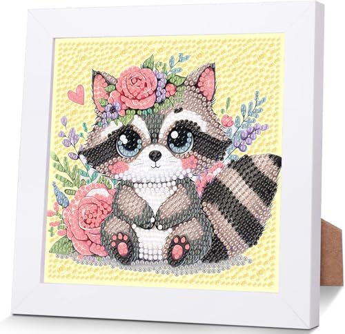 luckyarina Waschbär Diamond Painting Kinder mit Rahmen- Tiere Diamant Painting Bilder kinder, Niedlich Mosaik Bastelset Kinder als Geschenk für Home Wand Décor 18X18CM von luckyarina