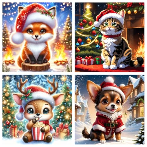 luckyarina Weihnachten Diamond Painting 4er Set Erwachsene- 5D Diamond Painting Set Fuchs Hirsch Katze Hund, Tiere Diamant Painting Bilder Erwachsene für Home Wand Décor 30x30cm von luckyarina