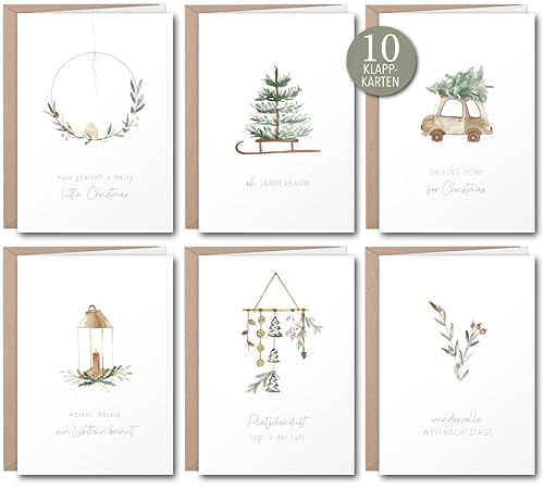 luftundliebe Weihnachtskarten - 10 Weihnachtskarten mit Umschlag Set - A6 Klappkarten Set mit weihnachtlichen Motiven - Weihnachtspostkarte - Aquarell von luftundliebe