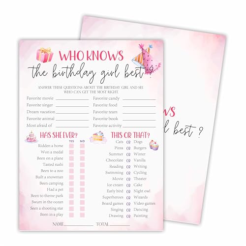 A03 "Who Knows The Birthday Girl Best - Watercolor Pink Funny Double-Sided 3-in-1 Game Card Set For Girls Birthday Party, Sleepover Party Activities, Favor & Supplies (20 Pcs)- A03 von luixd