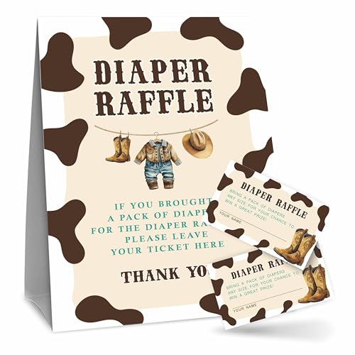 Baby-Windel-Raffle-Spiel-Set für Babyparty, Western-Cowboy, 1 stehendes Schild und 50 Tickets, Dekorationen für Babyparty, Geschlechtsoffenbarung, Baby-Ankündigung, Partygeschenk und Zubehör – A08 von luixd