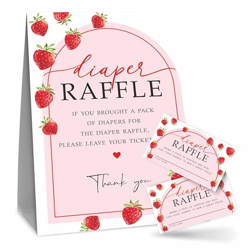 Berry A12 Windel-Raffle-Spiel-Set, Erdbeere und rosa Bogen, 1 stehendes Schild und 50 Tickets, Dekorationen für Babyparty, Geschlechtsoffenbarung, Baby-Ankündigung, Partygeschenk und Zubehör von luixd