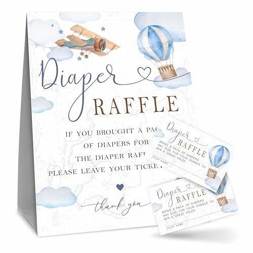 Windel-Raffle-Spiel-Set für Babyparty, Wolken und Flugzeug, 1 stehendes Schild und 50 Tickets, Dekorationen für Babyparty, Geschlechtsoffenbarung, geschlechtsneutral, Baby-Ankündigung, Partygeschenk von luixd