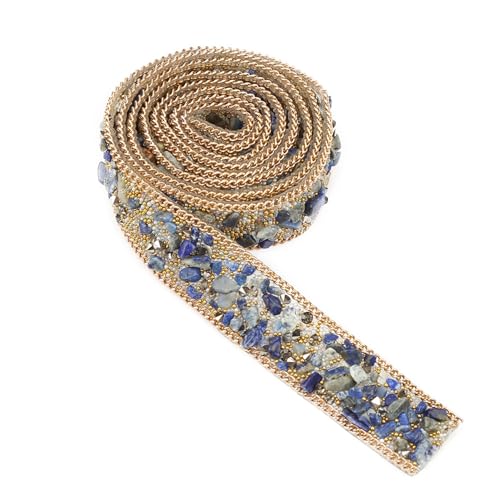 1 m langes, 2 cm breites Strassband, selbstklebendes Kristallband, Kristallperlen mit Kiesband, Rollenrand, Diamantband, geeignet für Kleidung, Taschen, Schuhe (Blue+gold rice beads+gold chain) von lvifloae