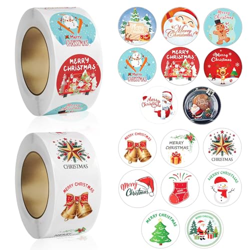 1000 Stück Weihnachtsaufkleber, 2 Rollen, 2,5 cm, runde Weihnachtsaufkleber, Weihnachtsanhänger, Geschenk-Etiketten, Aufkleber, selbstklebende Weihnachtsaufkleber für Kinder, Geschenke von lvzhen