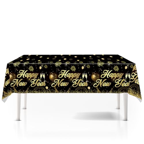 lvzhen Neujahrstischdecke, 137 x 274 cm, Schwarz-Gold, Happy New Year Eve Tischdecke, Kunststoff, Silvester, Tischdekoration, Tischdecke, Silvester, Partyzubehör von lvzhen