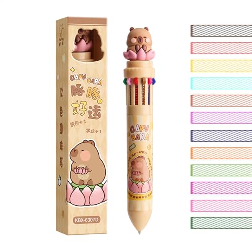 lwxij Mehrfarbiger Kugelschreiber, einziehbar, 12-in-1-Tinten-Schreibwaren, Cartoon-Capybara-Design-Stift, feine Spitze 0,7 mm, glatte Schreibstifte, verschiedene Farben, 15 cm, Schul- und Bürobedarf von lwxij