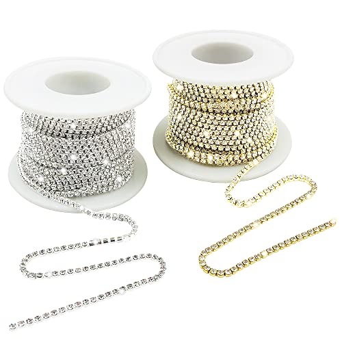 2 Rollen 2 mm Kristall-Strass-Kettenbesatz, lyfLux Kristall-Strass-Kettenbesatz zum Basteln, Nähen, DIY-Schmuckdekoration (Silber, Gold), 11 Yards pro Rolle / 22 Yards insgesamt von lyfLux