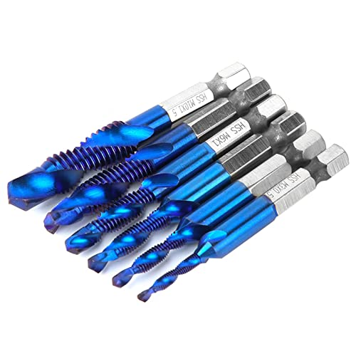 Sechskantschaftbohrer, 6 Stück Schnellarbeitsstahl 6,35 Mm Sechskantschaft-Gewindebohrer-Bit-Verbindungsgewindebohrer M3 M4 M5 M6 M8 M10 (Metric M35 Blue NAMI Coated 6er-Set) von lyrlody