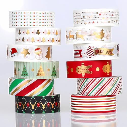 lyroiphic Weihnachten Washi Tape Set - 12 Rollen Dekoratives Klebeband mit Goldfolie, Perfekt für Bullet Journal, Weihnachtskarte, Geschenkverpackungen von lyroiphic