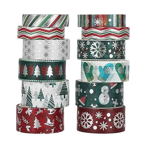 lyroiphic Weihnachten Washi Tape Set - 12 Rollen Dekoratives Klebeband mit silberne Folie, Perfekt für Bullet Journal, Weihnachtskarte, Geschenkverpackungen von lyroiphic