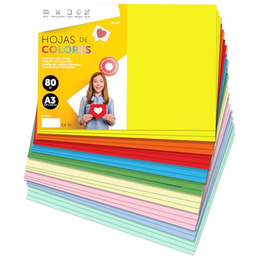 Buntes Papier A3 80g für Drucker & Basteln, Farbige Blätter für Kinder, Kreativprojekte, Karten & Schule M-office (100 Blatt, Sortiert Pastell+Kräftig) von m-office