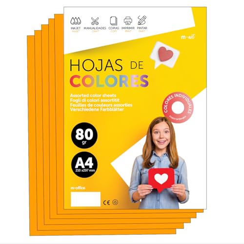 Buntes Papier A4 80g für Drucker & Basteln, Farbige Blätter für Kinder, Kreativprojekte, Karten & Schule M-office (250 Blatt, Hellorange) von m-office