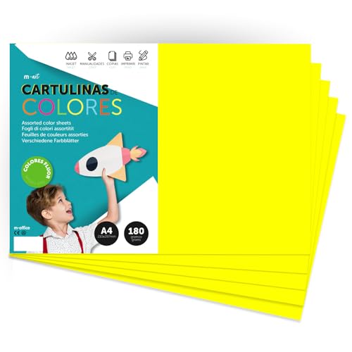 Farbiger Karton, A4, fluoreszierende Farben, 180 g, zum Basteln, Drucken Ihrer Dokumente und kreativen Designs, Pastellfarben, A4, m-office (x10, neongelb) von m-office