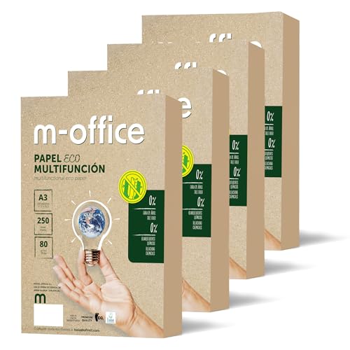 Recyclingpapier, DIN A3, 80 g, Papier für Kopierer und Drucker, 4 Packungen mit 250 Blatt A3, 100% Recyclingpapier, m-office (1000 Blatt) von m-office