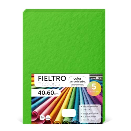 m-office Bastelfilz für DIY-Projekte, Filzplatten in bunten Farben, Weich und Flexibel, Material für Nähen und Patchwork Stoffe, Ideal Handarbeiten, Deko Kunsthandwerk, 40x60cm, (Grasgrün, 5 Stk) von m-office