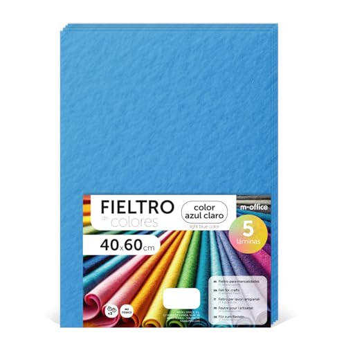 m-office Bastelfilz für DIY-Projekte, Filzplatten in bunten Farben, Weich und Flexibel, Material für Nähen und Patchwork Stoffe, Ideal Handarbeiten, Deko Kunsthandwerk, 40x60cm, (Hellblau, 5 Stk) von m-office