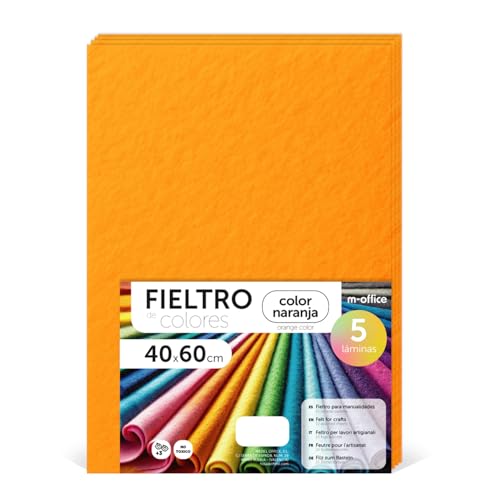 m-office Bastelfilz für DIY-Projekte, Filzplatten in bunten Farben, Weich und Flexibel, Material für Nähen und Patchwork Stoffe, Ideal Handarbeiten, Deko Kunsthandwerk, 40x60cm, (Orange, 5 Stk) von m-office