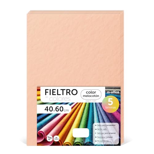 m-office Bastelfilz für DIY-Projekte, Filzplatten in bunten Farben, Weich und Flexibel, Material für Nähen und Patchwork Stoffe, Ideal Handarbeiten, Deko Kunsthandwerk, 40x60cm, (Pfirsich, 5 Stk) von m-office