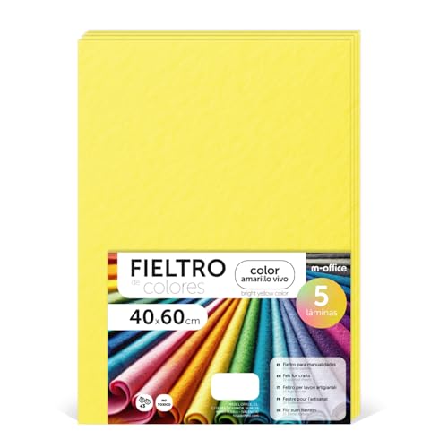 m-office Bastelfilz für DIY-Projekte, Filzplatten in bunten Farben, Weich und Flexibel, Material für Nähen und Patchwork Stoffe, Ideal Handarbeiten, Deko Kunsthandwerk, 40x60cm (Leuchtend Gelb, 5Stk) von m-office