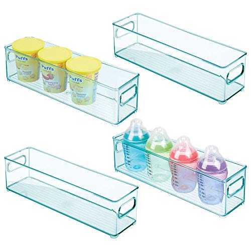 mDesign 4er-Set Kinderzimmer Organizer – schmale Sortierbox mit praktischen Griffen – BPA-freier Kunststoffbehälter für Spielzeug, Windeln, Stofftiere & Co. – hellblau von mDesign