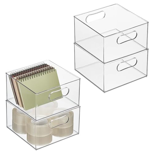 mDesign Aufbewahrungsbox für Büroutensilien – Sortierbox aus Kunststoff für Schrank oder Schublade – Kunststoffbehälter mit Griffen für Umschläge, Stifte usw. – 4er-Set – durchsichtig von mDesign