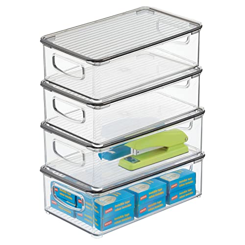 mDesign Box für Büroutensilien – stapelbare Plastikbox für Schreibtisch oder Schrank – Aufbewahrungsbehälter mit Klappdeckel für Umschläge, Stifte usw. – 4er-Set – durchsichtig und rauchgrau von mDesign