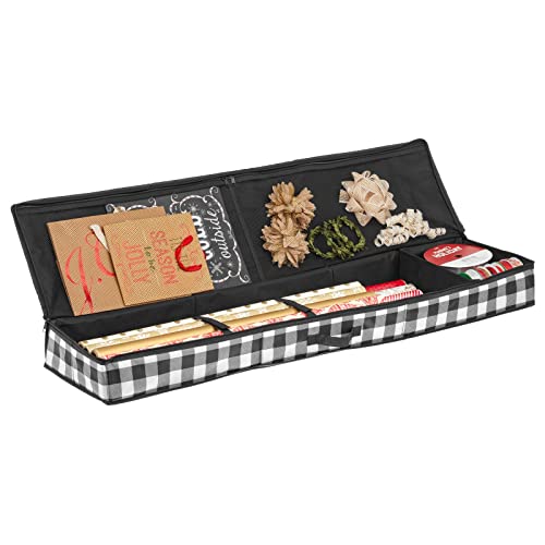 mDesign Lange Geschenkpapier-Aufbewahrungstasche mit Griffen, Halterung für Weihnachten und Urlaub, Organizer-Box – Deckel mit Reißverschluss für Wickelpapier, Büffelkariert, Schwarz/Weiß von mDesign