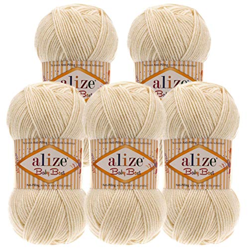 5 x 100g Strickgarn ALIZE Baby Best uni Babywolle Wolle Antipilling 44 Farben, Farbe:01 creme von maDDma Alize Baby Best