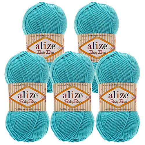 5 x 100g Strickgarn ALIZE Baby Best uni Babywolle Wolle Antipilling 44 Farben, Farbe:287 türkis von maDDma Alize Baby Best