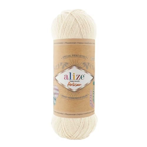 100g Sockenwolle Alize Superwash Artisan 75% Wolle Strickwolle Häkelgarn Farbwahl, Farbe:01 creme von maDDma