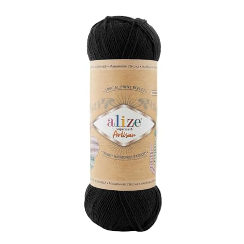 100g Sockenwolle Alize Superwash Artisan 75% Wolle Strickwolle Häkelgarn Farbwahl, Farbe:60 schwarz von maDDma