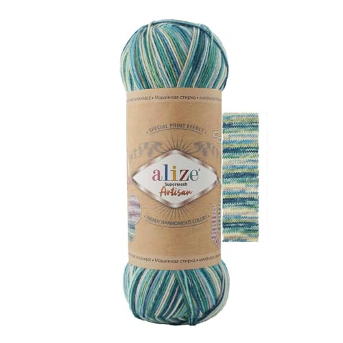 100g Sockenwolle Alize Superwash Artisan 75% Wolle Strickwolle Häkelgarn Farbwahl, Farbe:9001 Flussaue von maDDma