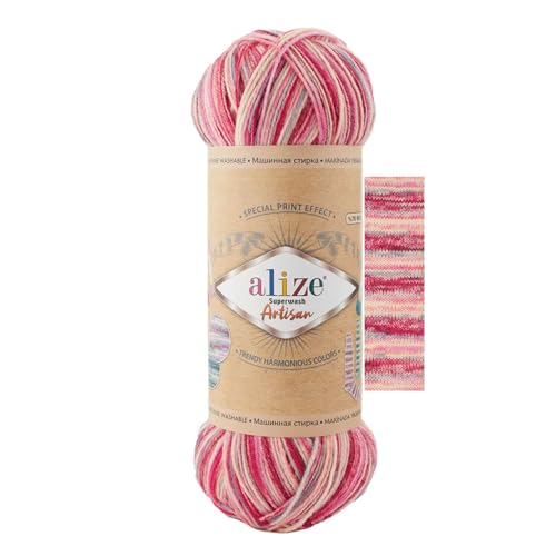 100g Sockenwolle Alize Superwash Artisan 75% Wolle Strickwolle Häkelgarn Farbwahl, Farbe:9002 Girlywood von maDDma