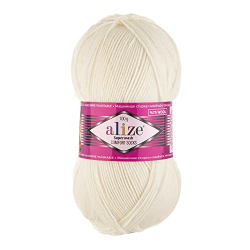 100g Sockenwolle Superwash Comfort 4-fädig Schurwolle Sockengarn Farbauswahl, Farbe:01 creme von maDDma