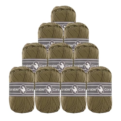 10x50g Strickgarn Häkelgarn Durable Coral Uni 90 Farben Baumwollgarn Sommergarn Farbwahl, Farbe:2168 khaki von maDDma